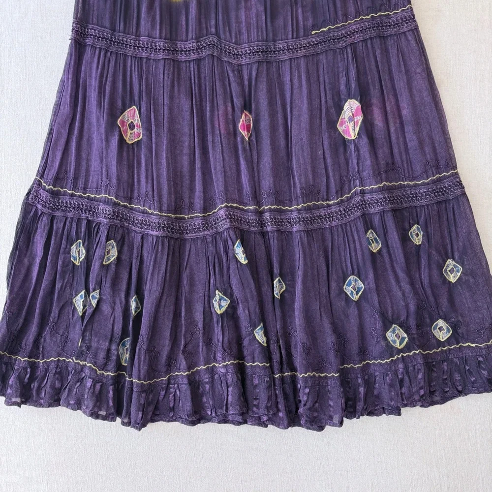 Boho Purple Yellow Tie Dye Embroidered Tiered Maxi‎ Skirt One Size Rayon